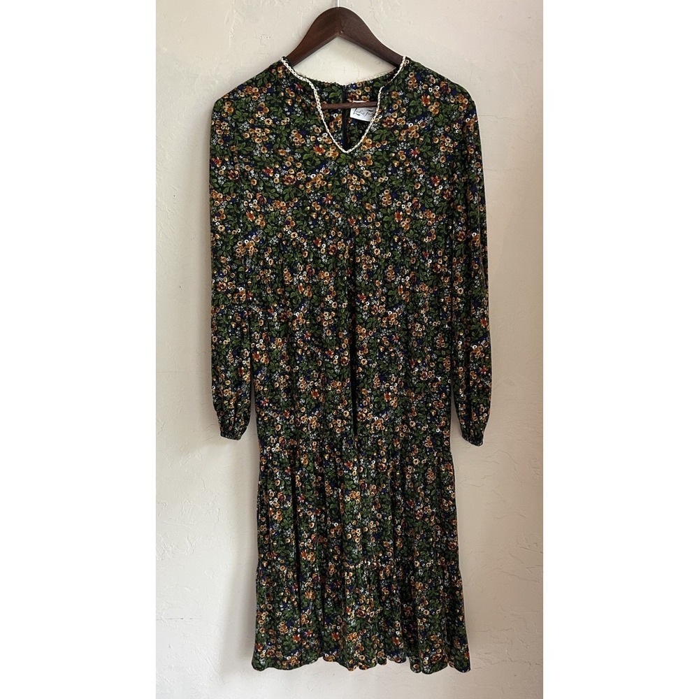 Vintage 1970s Leslie Fay Tiered Midi Dress M Floral Peasant Cottagecore Prairie